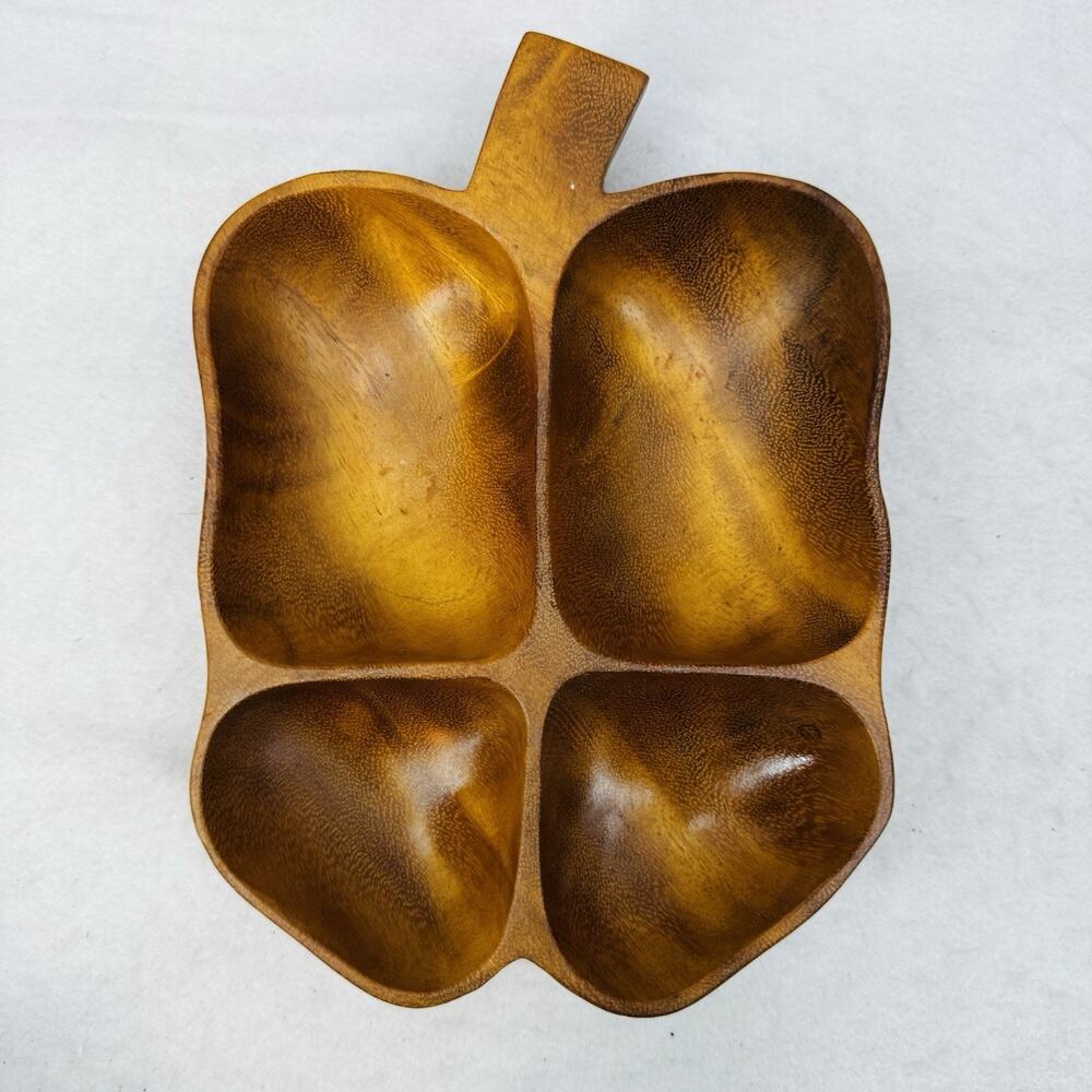 Vintage MCM Monkeypod Wood 4 Section Divided Serving Tray Dish Hand Carved Leaf